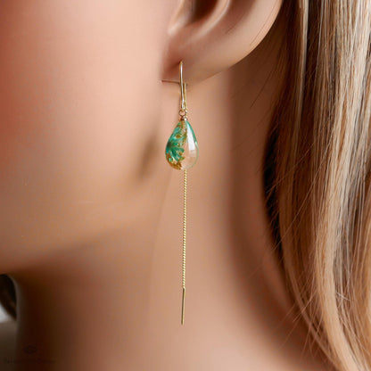Pressed Flower Threader Earrings, Gold Chain Earrings, Resin Floral Jewelry, Dainty Drop Earrings, Sensitive Ear & Clip-On Options
