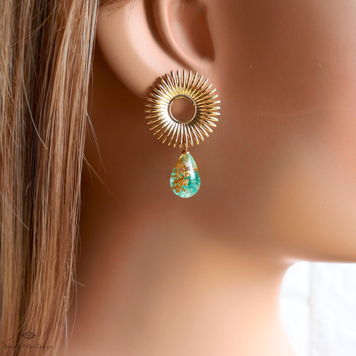 Gold Sunburst Resin Drop Earrings with Flowers and Gold Flakes, Statement Earrings, Boho Jewelry,
