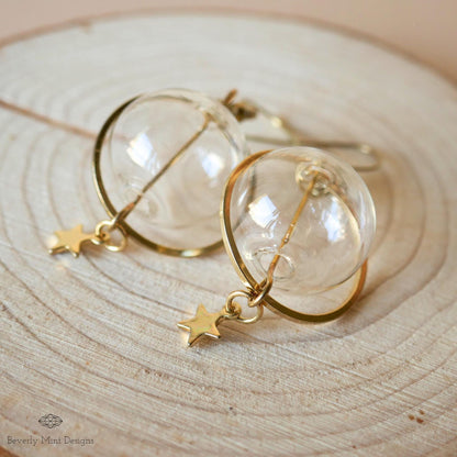 Unique Earrings, Bubble Dangle Earrings, Glass Ball Star Charm Earrings, Star Earrings, Sensitive Ear & Clip-On Options