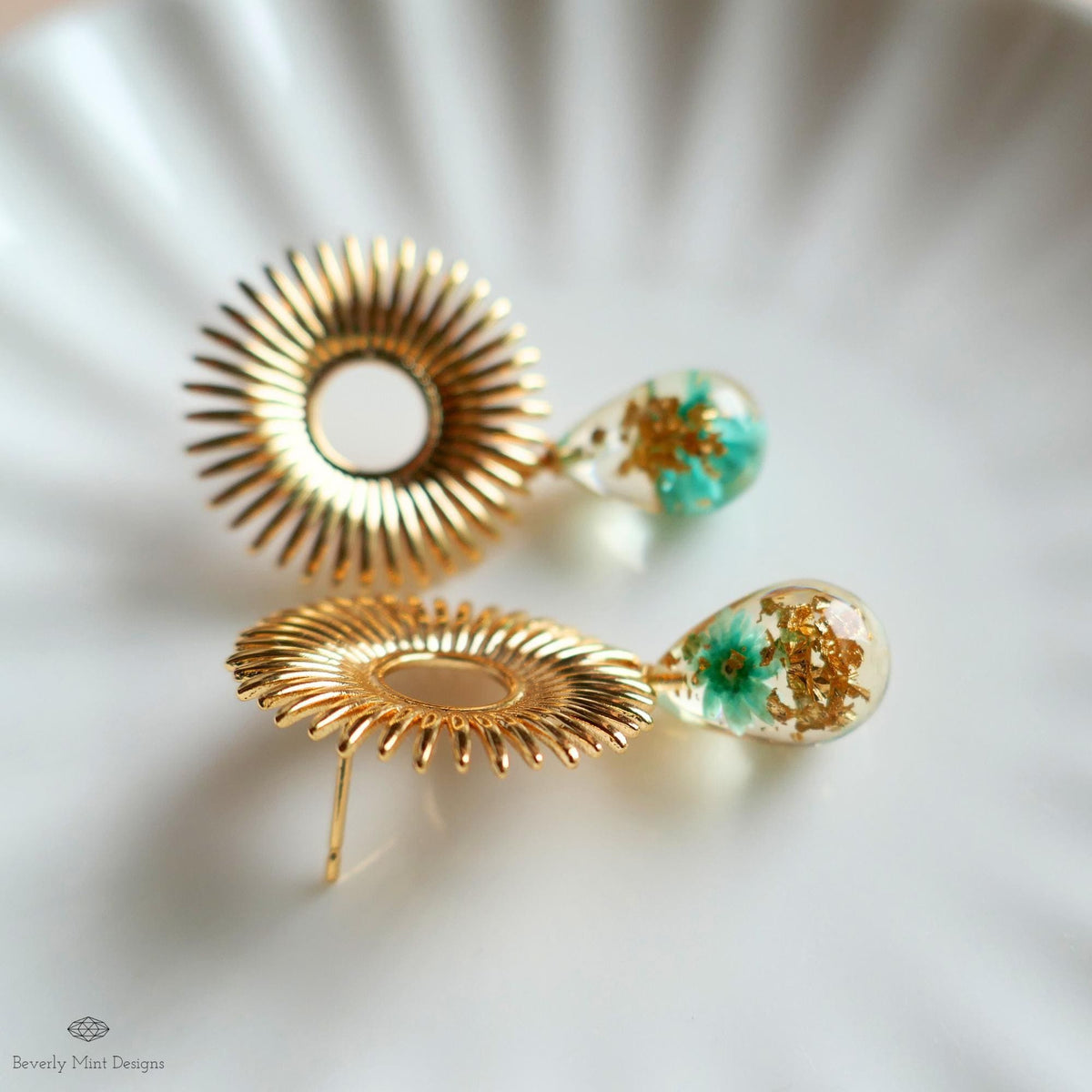 Gold Sunburst Resin Drop Earrings with Flowers and Gold Flakes, Statement Earrings, Boho Jewelry,