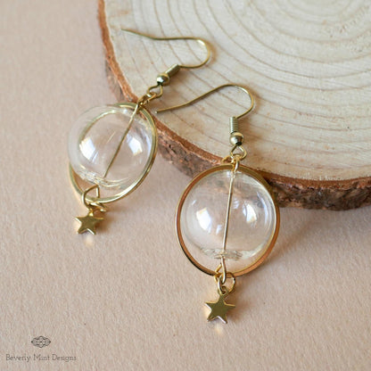 Unique Earrings, Bubble Dangle Earrings, Glass Ball Star Charm Earrings, Star Earrings, Sensitive Ear & Clip-On Options