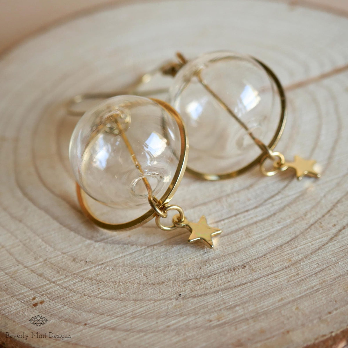 Unique Earrings, Bubble Dangle Earrings, Glass Ball Star Charm Earrings, Star Earrings, Sensitive Ear & Clip-On Options