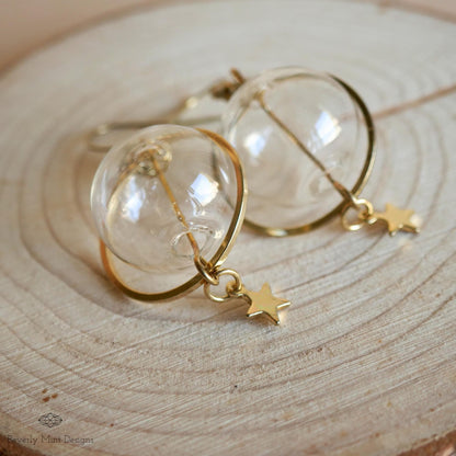 Unique Earrings, Bubble Dangle Earrings, Glass Ball Star Charm Earrings, Star Earrings, Sensitive Ear & Clip-On Options