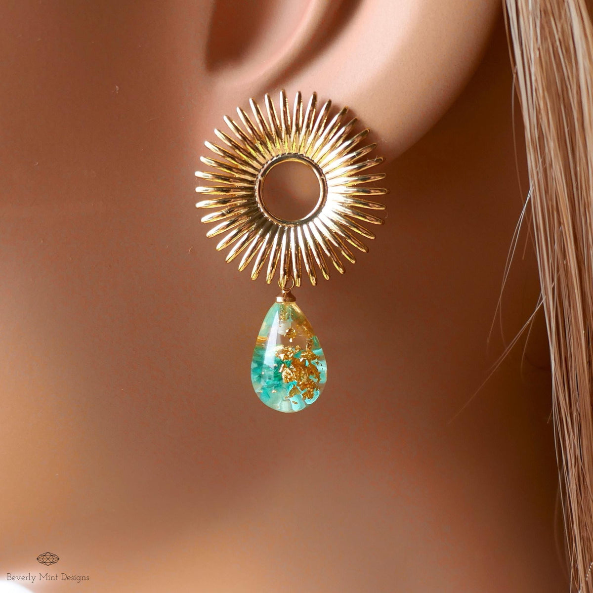 Gold Sunburst Resin Drop Earrings with Flowers and Gold Flakes, Statement Earrings, Boho Jewelry,