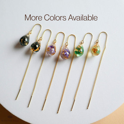 Pressed Flower Threader Earrings, Gold Chain Earrings, Resin Floral Jewelry, Dainty Drop Earrings, Sensitive Ear & Clip-On Options