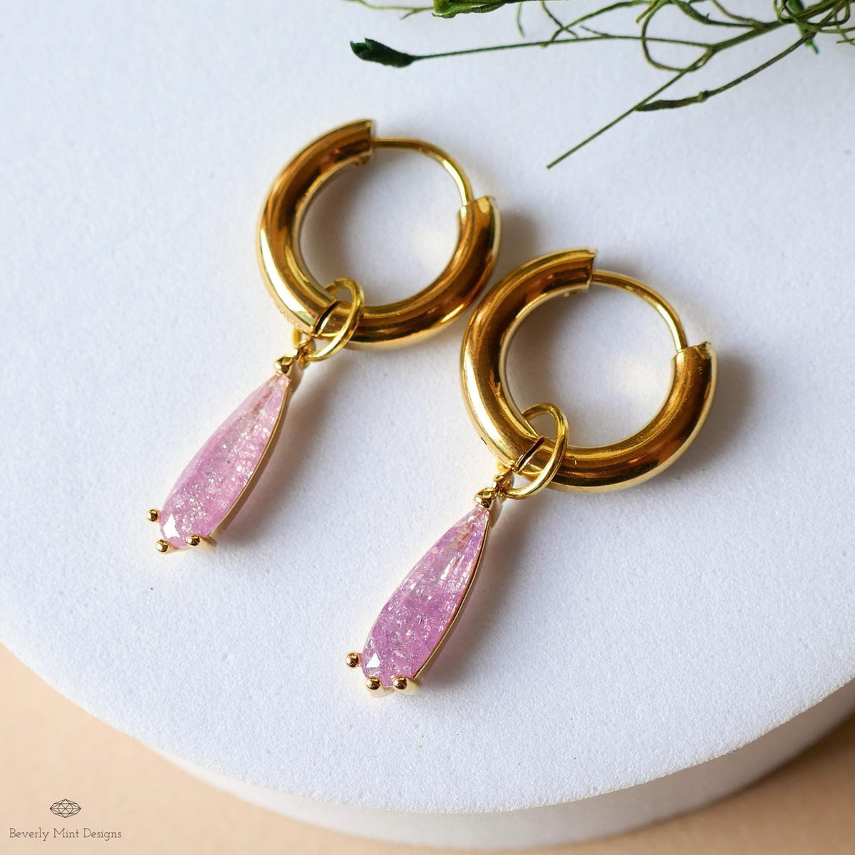 Teardrop Sparkle Gold Hoop Earrings, Pink Pastel Dangle Earrings Gold Drop Earrings Dainty Glitter Jewelry Gold Huggie Earrings