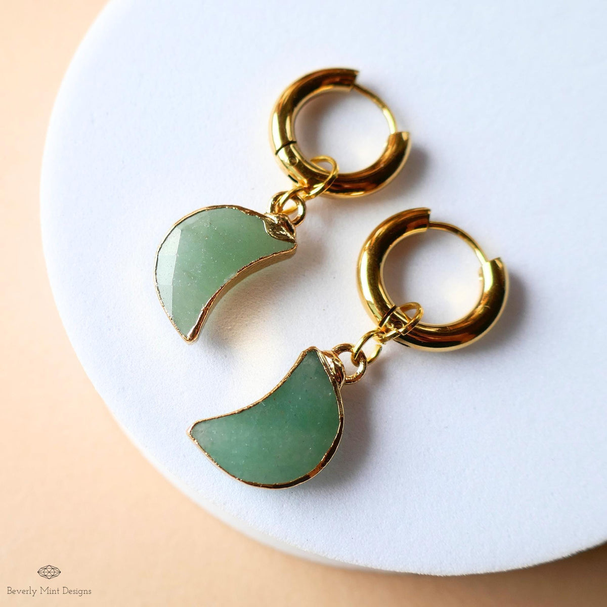 Green Aventurine Moon Earrings, Gold Huggie Hoop Earrings, Crystal Crescent Dangle Earrings, Minimalist Celestial Jewelry, Natural Stone
