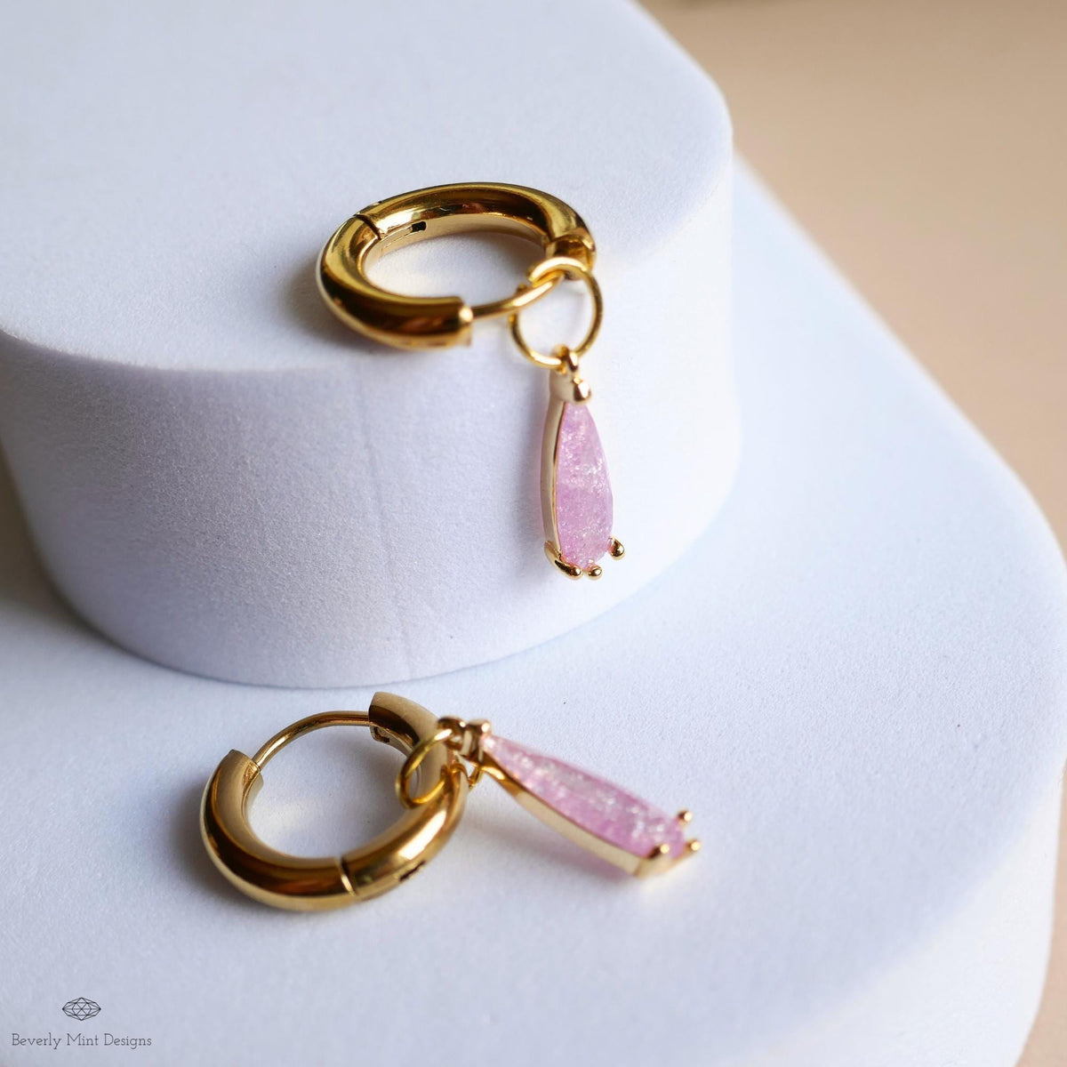 Teardrop Sparkle Gold Hoop Earrings, Pink Pastel Dangle Earrings Gold Drop Earrings Dainty Glitter Jewelry Gold Huggie Earrings