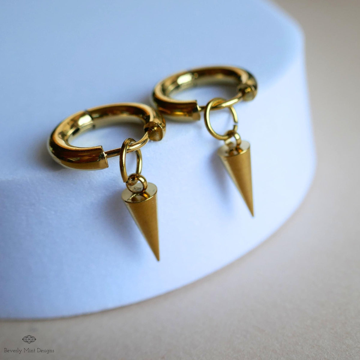 Gold Hoop Spike Earrings, Cone Huggie Earrings, Minimalist Earrings, Edgy Gold Jewelry, Modern Earrings