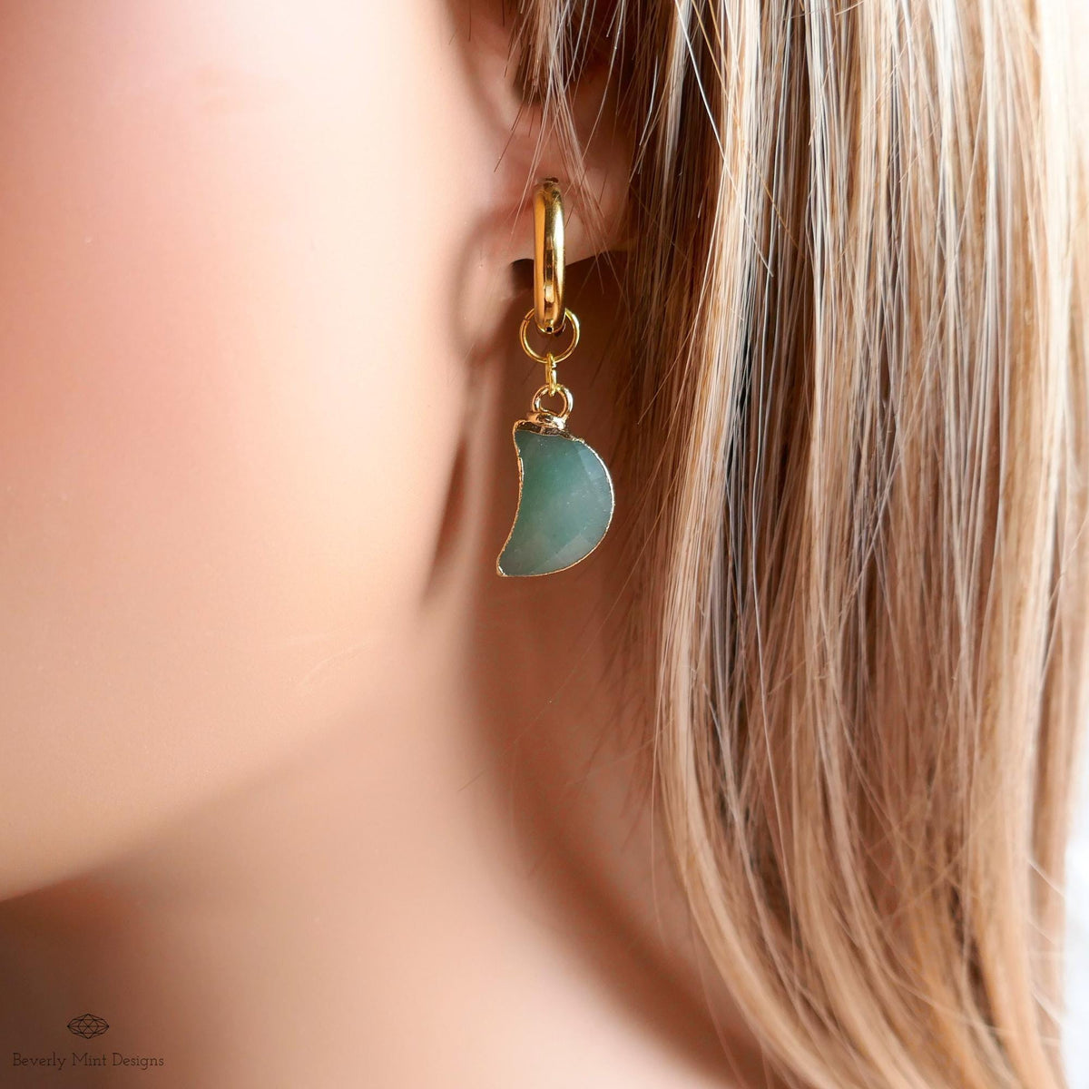 Green Aventurine Moon Earrings, Gold Huggie Hoop Earrings, Crystal Crescent Dangle Earrings, Minimalist Celestial Jewelry, Natural Stone