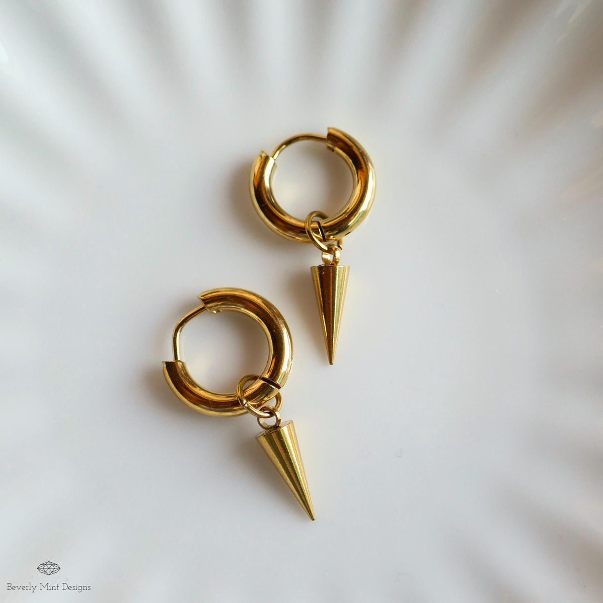 Gold Hoop Spike Earrings, Cone Huggie Earrings, Minimalist Earrings, Edgy Gold Jewelry, Modern Earrings