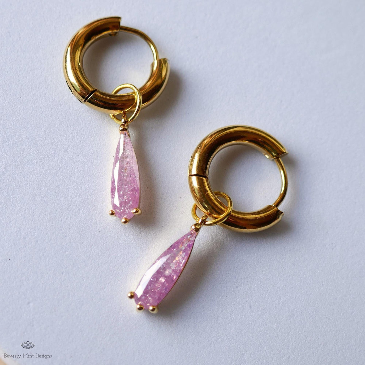 Teardrop Sparkle Gold Hoop Earrings, Pink Pastel Dangle Earrings Gold Drop Earrings Dainty Glitter Jewelry Gold Huggie Earrings