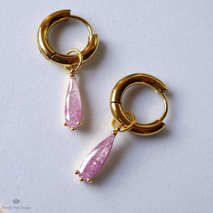 Teardrop Sparkle Gold Hoop Earrings, Pink Pastel Dangle Earrings Gold Drop Earrings Dainty Glitter Jewelry Gold Huggie Earrings