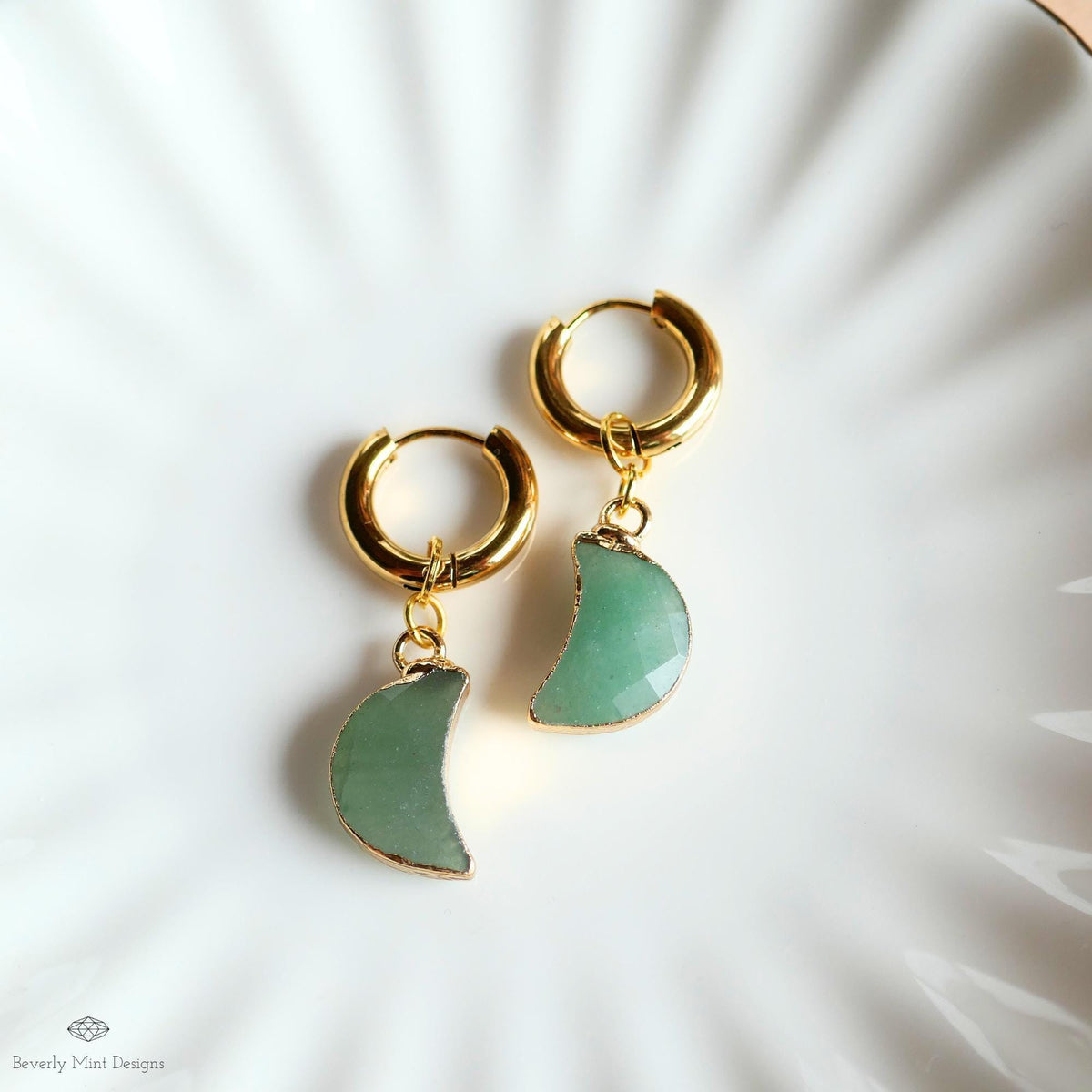 Green Aventurine Moon Earrings, Gold Huggie Hoop Earrings, Crystal Crescent Dangle Earrings, Minimalist Celestial Jewelry, Natural Stone