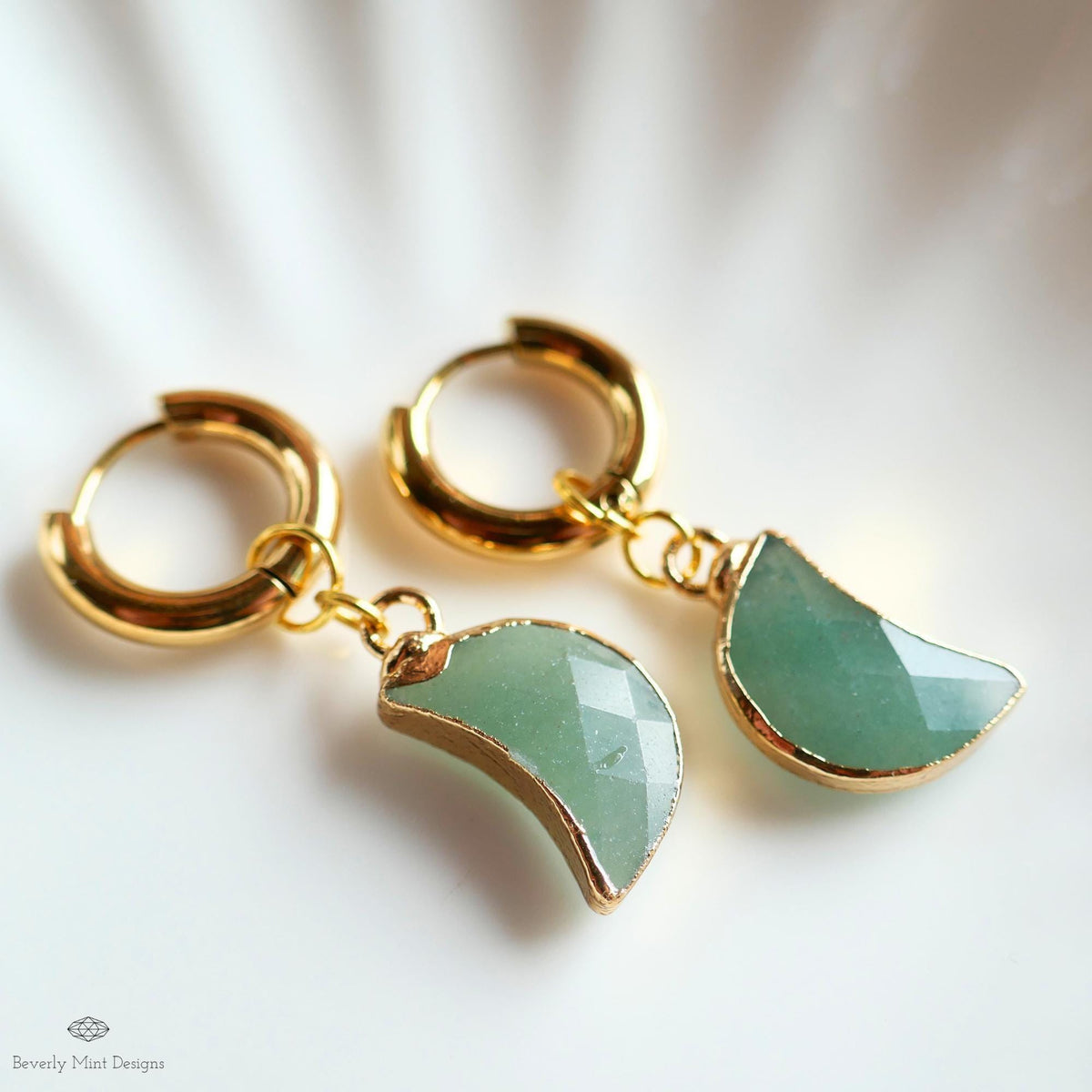 Green Aventurine Moon Earrings, Gold Huggie Hoop Earrings, Crystal Crescent Dangle Earrings, Minimalist Celestial Jewelry, Natural Stone