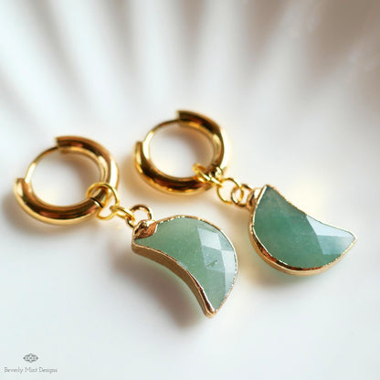 Green Aventurine Moon Earrings, Gold Huggie Hoop Earrings, Crystal Crescent Dangle Earrings, Minimalist Celestial Jewelry, Natural Stone