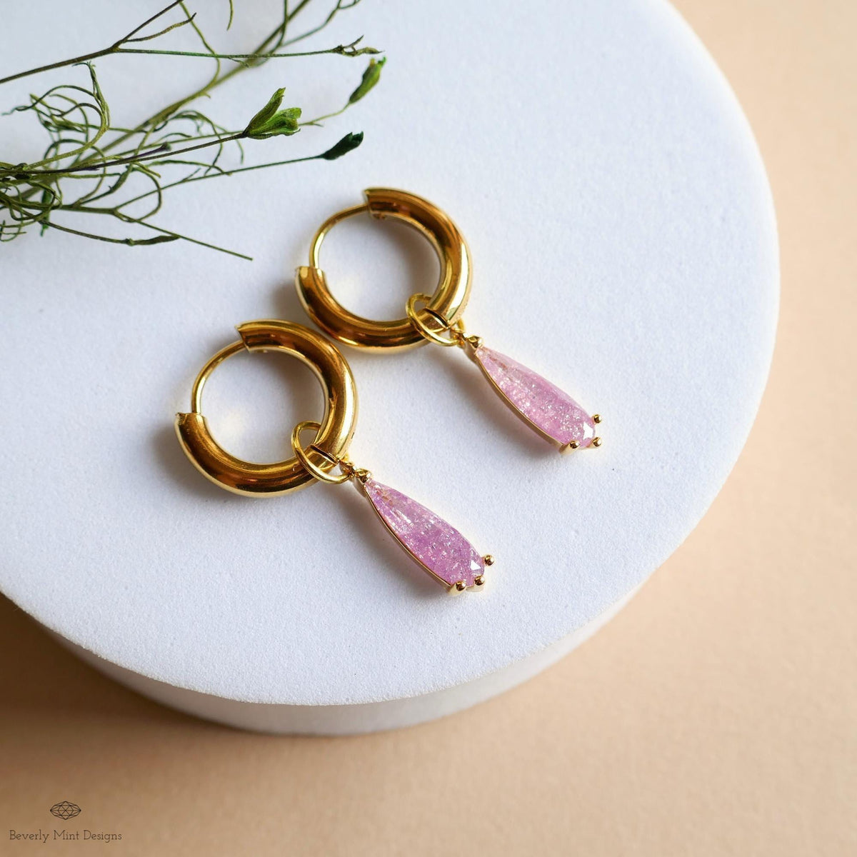 Teardrop Sparkle Gold Hoop Earrings, Pink Pastel Dangle Earrings Gold Drop Earrings Dainty Glitter Jewelry Gold Huggie Earrings