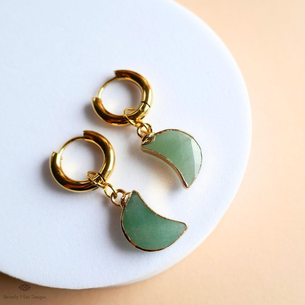 Green Aventurine Moon Earrings, Gold Huggie Hoop Earrings, Crystal Crescent Dangle Earrings, Minimalist Celestial Jewelry, Natural Stone