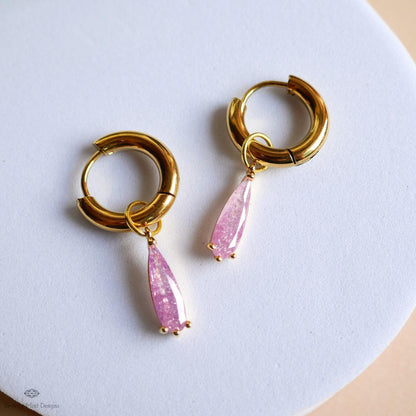 Teardrop Sparkle Gold Hoop Earrings, Pink Pastel Dangle Earrings Gold Drop Earrings Dainty Glitter Jewelry Gold Huggie Earrings