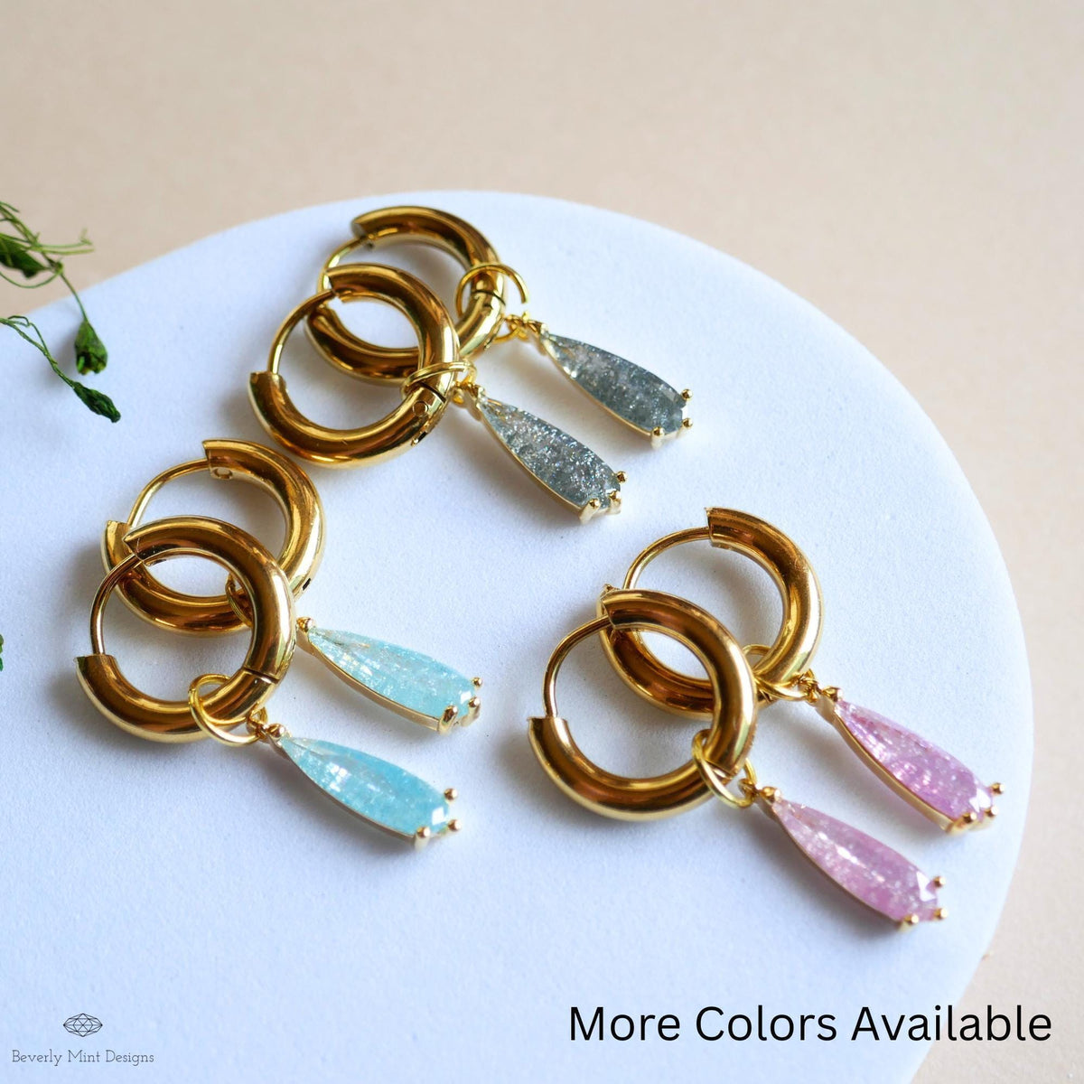 Teardrop Sparkle Gold Hoop Earrings, Pink Pastel Dangle Earrings Gold Drop Earrings Dainty Glitter Jewelry Gold Huggie Earrings
