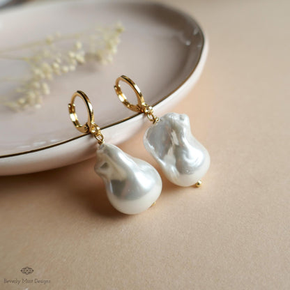 Baroque Pearl Hoop Earrings, Large Pearl Earrings, Gold Statement Earrings, Modern Pearl Jewelry, Sensitive Ear & Clip-On Options