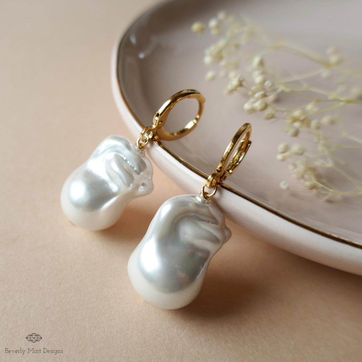 Baroque Pearl Hoop Earrings, Large Pearl Earrings, Gold Statement Earrings, Modern Pearl Jewelry, Sensitive Ear & Clip-On Options