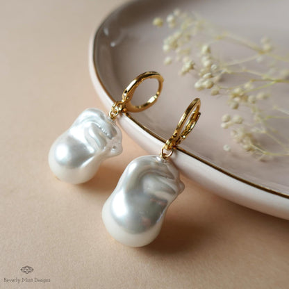 Baroque Pearl Hoop Earrings, Large Pearl Earrings, Gold Statement Earrings, Modern Pearl Jewelry, Sensitive Ear & Clip-On Options