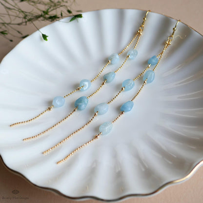 Aquamarine Dangle Earrings Long Gold Chain Earrings Natural Stone Drop Earrings Light Blue Jewelry, Sensitive Ear & Clip-On Options