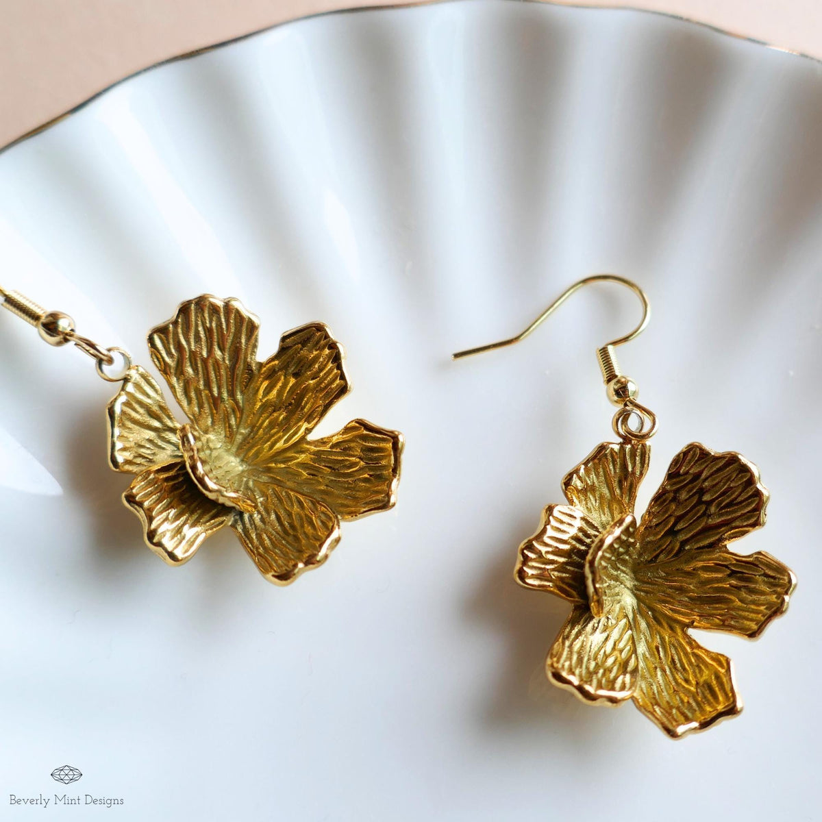 Gold Hibiscus Earrings, Tropical Flower Earrings with Heft, Bold Summer Statement Jewelry, Sensitive Ear & Clip-On Options