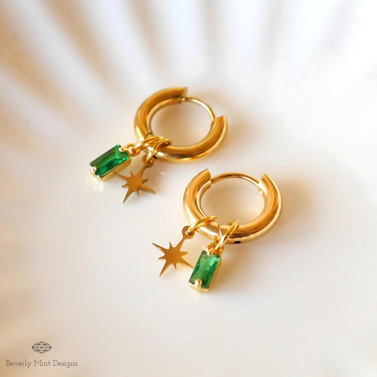 Gold Hoop Earrings with Green Gem and Starburst, Celestial Dangle Earrings, Minimalist Modern Jewelry, Chunky Huggie Hoops