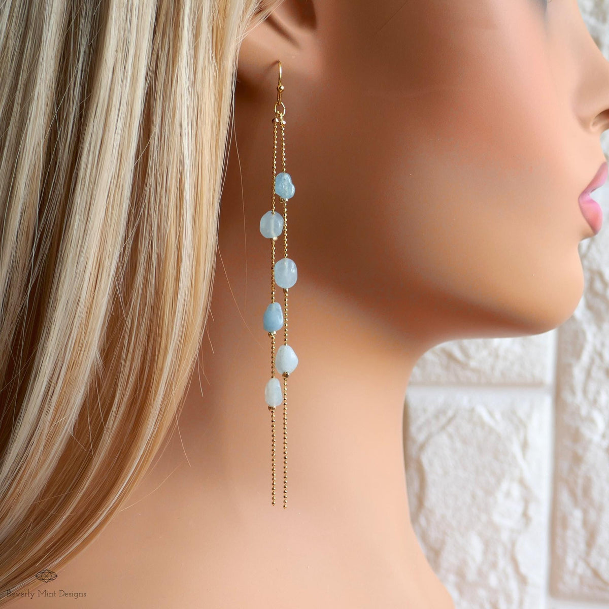 Aquamarine Dangle Earrings Long Gold Chain Earrings Natural Stone Drop Earrings Light Blue Jewelry, Sensitive Ear & Clip-On Options