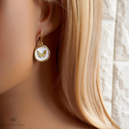 Butterfly Enamel Charm Earrings, White and Gold Dangle Earrings, Handmade Vintage Butterfly Jewelry, Sensitive Ear & Clip-On Options