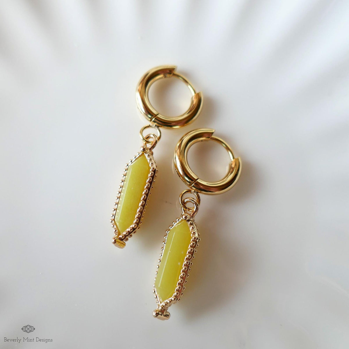 Natural Stone Earrings Gold Huggie Earrings Korean Jade Dangle Earrings , Yellow Boho Drop Earrings Minimalist Stone Jewelry