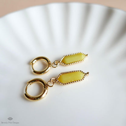 Natural Stone Earrings Gold Huggie Earrings Korean Jade Dangle Earrings , Yellow Boho Drop Earrings Minimalist Stone Jewelry