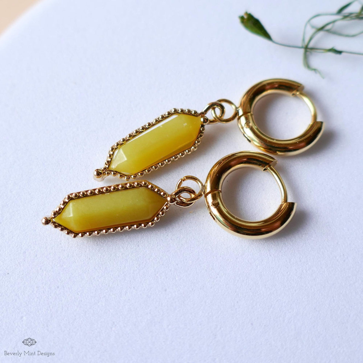 Natural Stone Earrings Gold Huggie Earrings Korean Jade Dangle Earrings , Yellow Boho Drop Earrings Minimalist Stone Jewelry