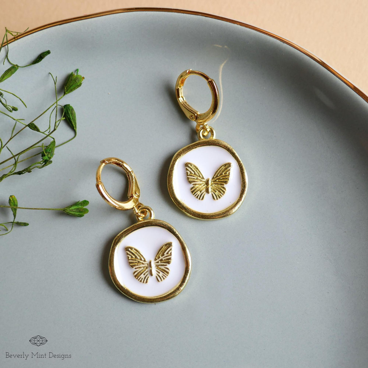 Butterfly Enamel Charm Earrings, White and Gold Dangle Earrings, Handmade Vintage Butterfly Jewelry, Sensitive Ear & Clip-On Options