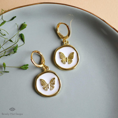 Butterfly Enamel Charm Earrings, White and Gold Dangle Earrings, Handmade Vintage Butterfly Jewelry, Sensitive Ear & Clip-On Options
