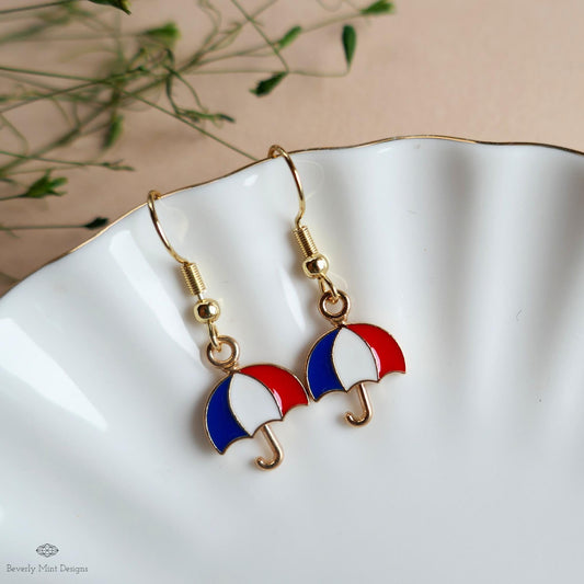 Patriotic Umbrella Earrings, Red White Blue Dangle Jewelry, USA 4th of July Earrings, Sensitive Ear & Clip-On Options