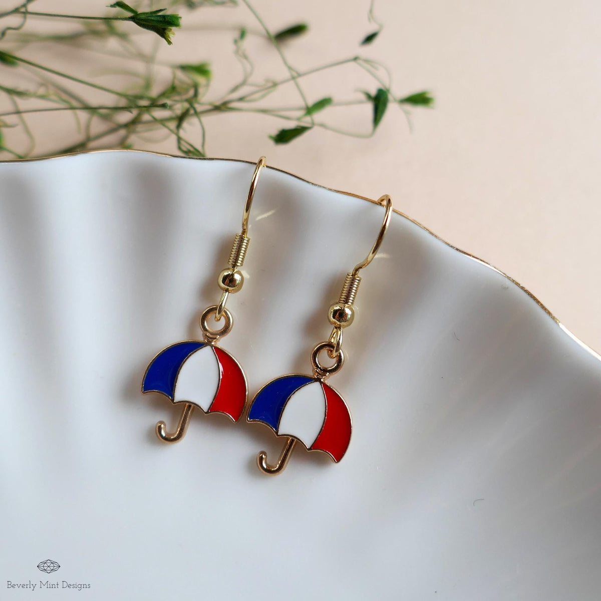 Patriotic Umbrella Earrings, Red White Blue Dangle Jewelry, USA 4th of July Earrings, Sensitive Ear & Clip-On Options
