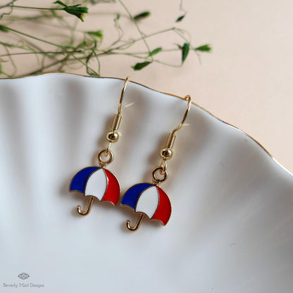 Patriotic Umbrella Earrings, Red White Blue Dangle Jewelry, USA 4th of July Earrings, Sensitive Ear & Clip-On Options