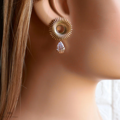 Sunburst Crystal Drop Earrings – Gold Statement Earrings with Teardrop Zircon, Art Deco Wedding Jewelry, Vintage Glam