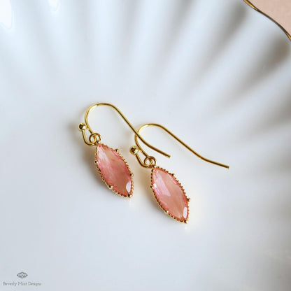 Peach Pink Drop Earrings Marquise Dangle Earrings Gold Hook Earrings Sparkly Minimal Jewelry Romantic, Sensitive Ear & Clip-On Options
