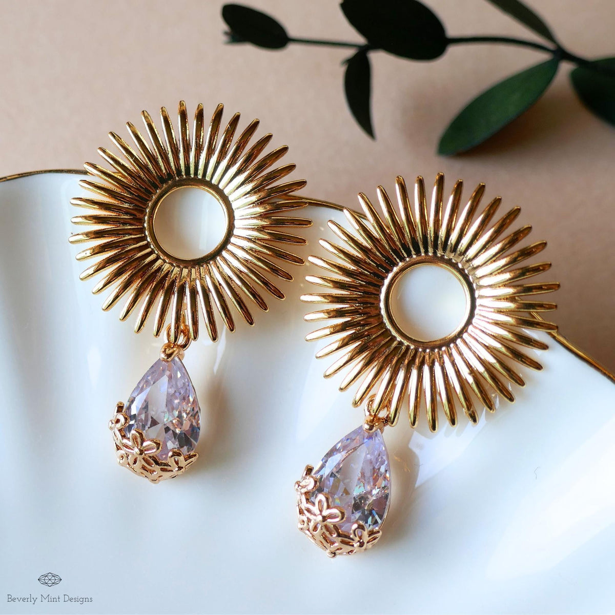 Sunburst Crystal Drop Earrings – Gold Statement Earrings with Teardrop Zircon, Art Deco Wedding Jewelry, Vintage Glam