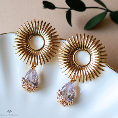 Sunburst Crystal Drop Earrings – Gold Statement Earrings with Teardrop Zircon, Art Deco Wedding Jewelry, Vintage Glam