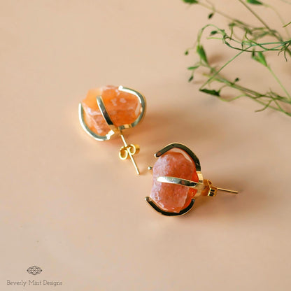 Red Agate Stud Earrings with 18K Gold, Red Orange Stone Earrings, 1/2 -3/4 inches, Natural Raw Stone, Gift For Her, Chakra Stone