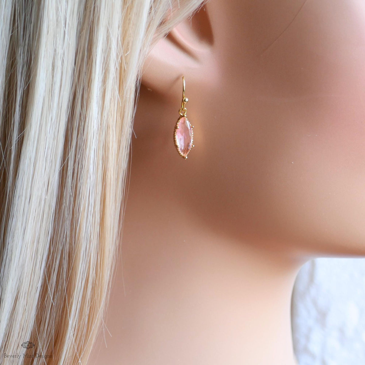 Peach Pink Drop Earrings Marquise Dangle Earrings Gold Hook Earrings Sparkly Minimal Jewelry Romantic, Sensitive Ear & Clip-On Options