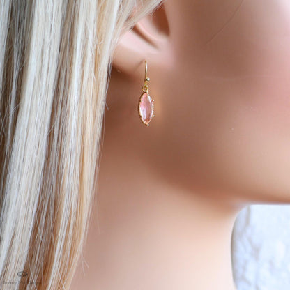 Peach Pink Drop Earrings Marquise Dangle Earrings Gold Hook Earrings Sparkly Minimal Jewelry Romantic, Sensitive Ear & Clip-On Options