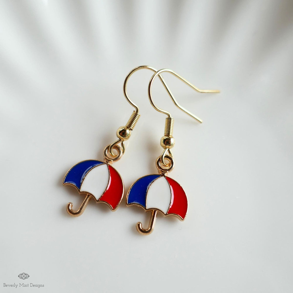 Patriotic Umbrella Earrings, Red White Blue Dangle Jewelry, USA 4th of July Earrings, Sensitive Ear & Clip-On Options