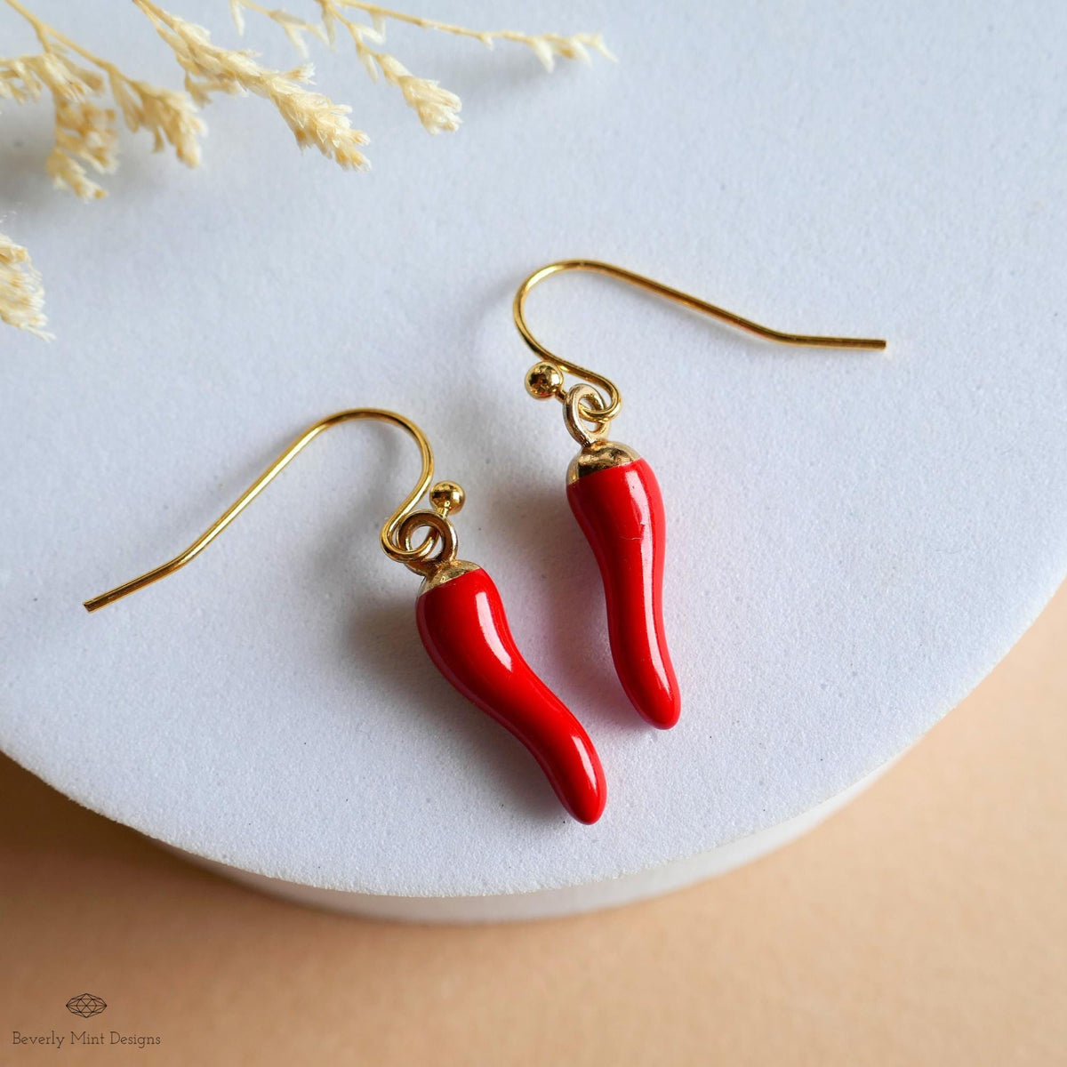 Red Chili Pepper Earrings, Red Pepper Dangle, Gold Hook Earrings, Fun Earrings, Spicy Statement Earrings, Sensitive Ear & Clip-On Options