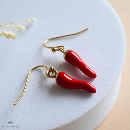Red Chili Pepper Earrings, Red Pepper Dangle, Gold Hook Earrings, Fun Earrings, Spicy Statement Earrings, Sensitive Ear & Clip-On Options